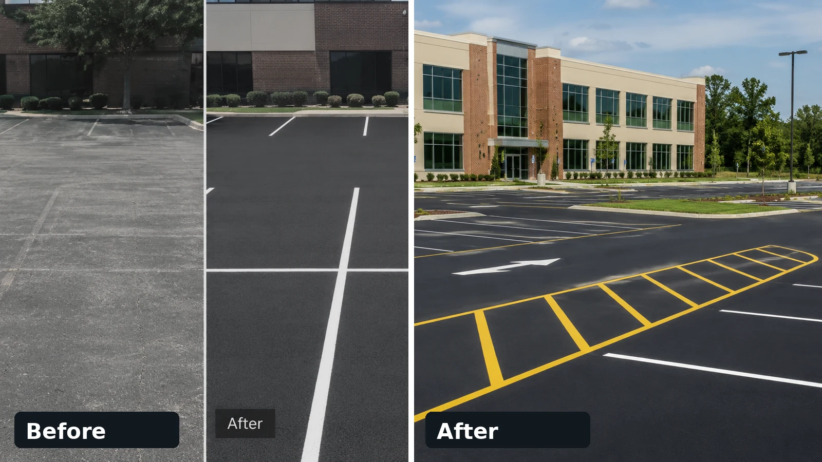 Before and after comparison of faded parking lines and fresh restriping