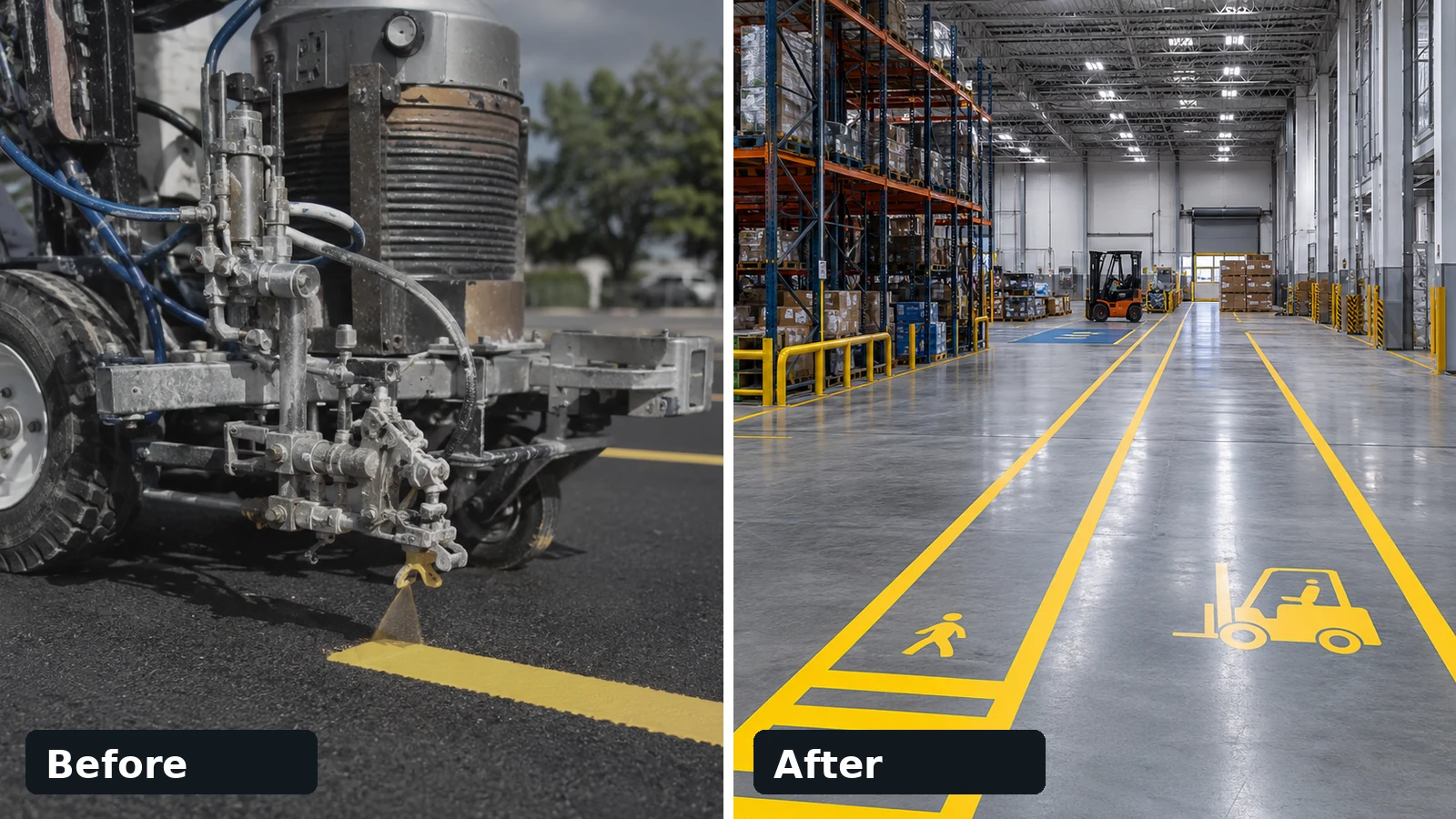 Before and after launch comparison image used as a placeholder for warehouse floor striping transformations
