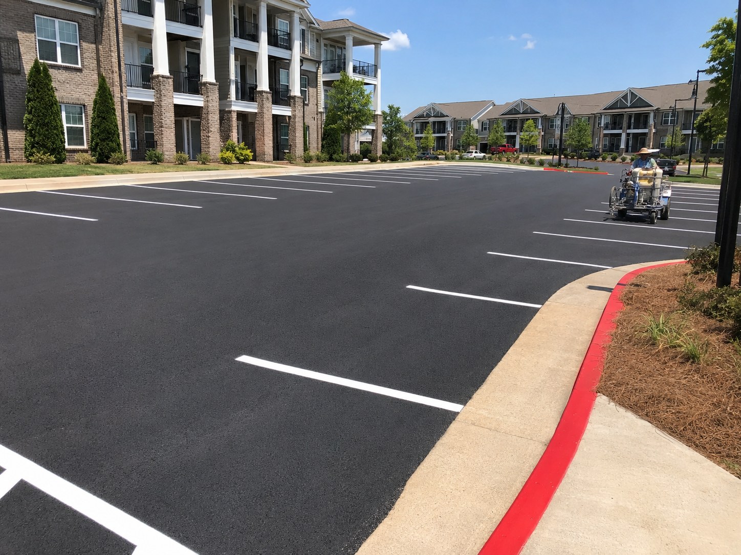 Fresh white parking stall lines and red fire lane curb painting at apartment complex in North Alabama — striping machine operator painting curb