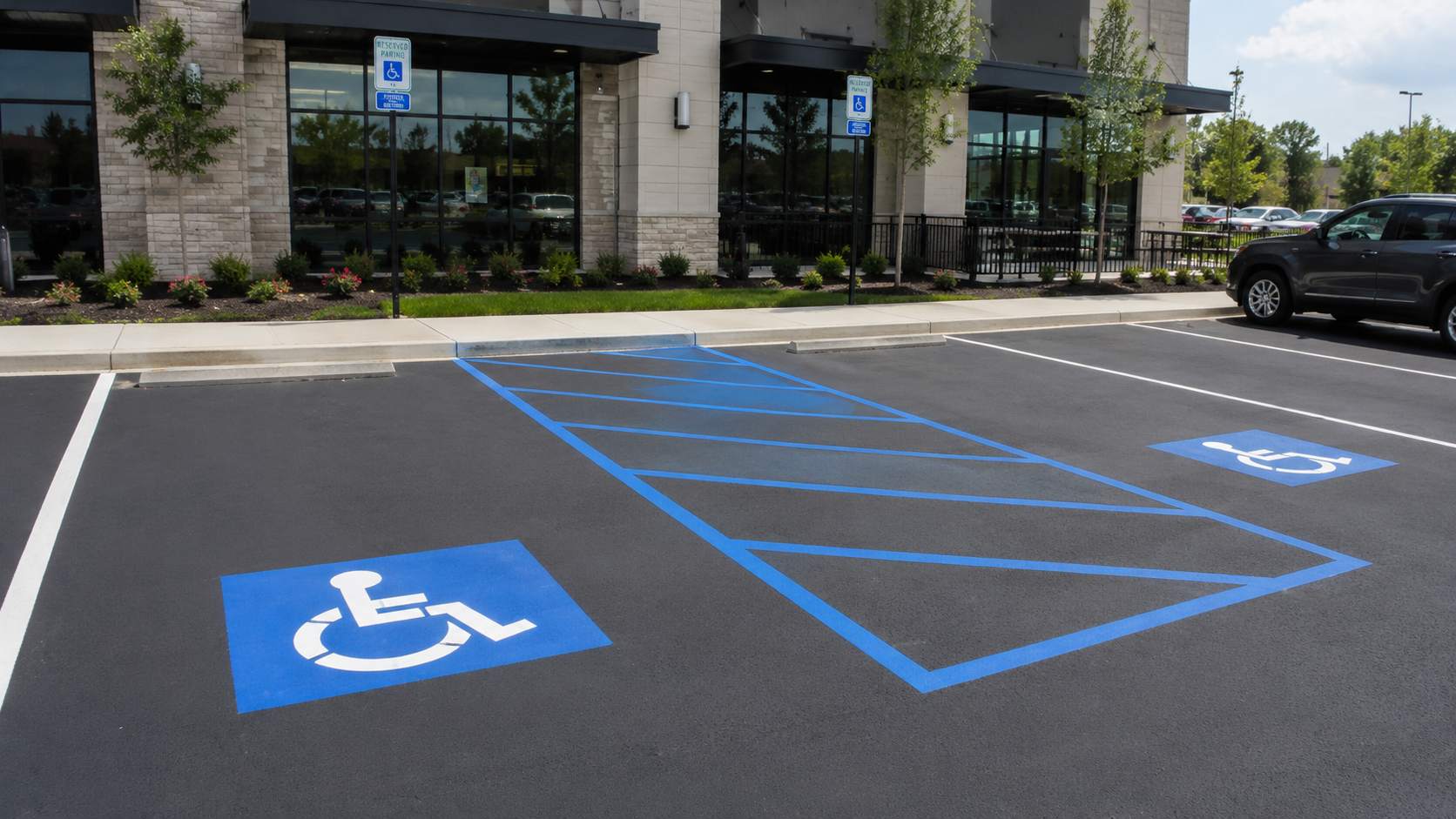 ADA parking stall with blue accessible markings at a commercial property