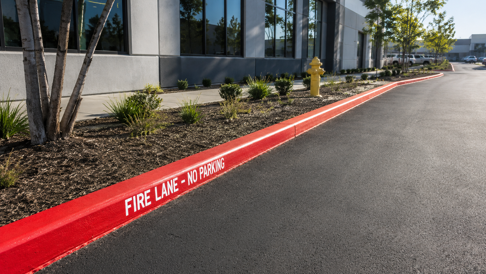 Red fire lane curb painting outside a modern commercial building
