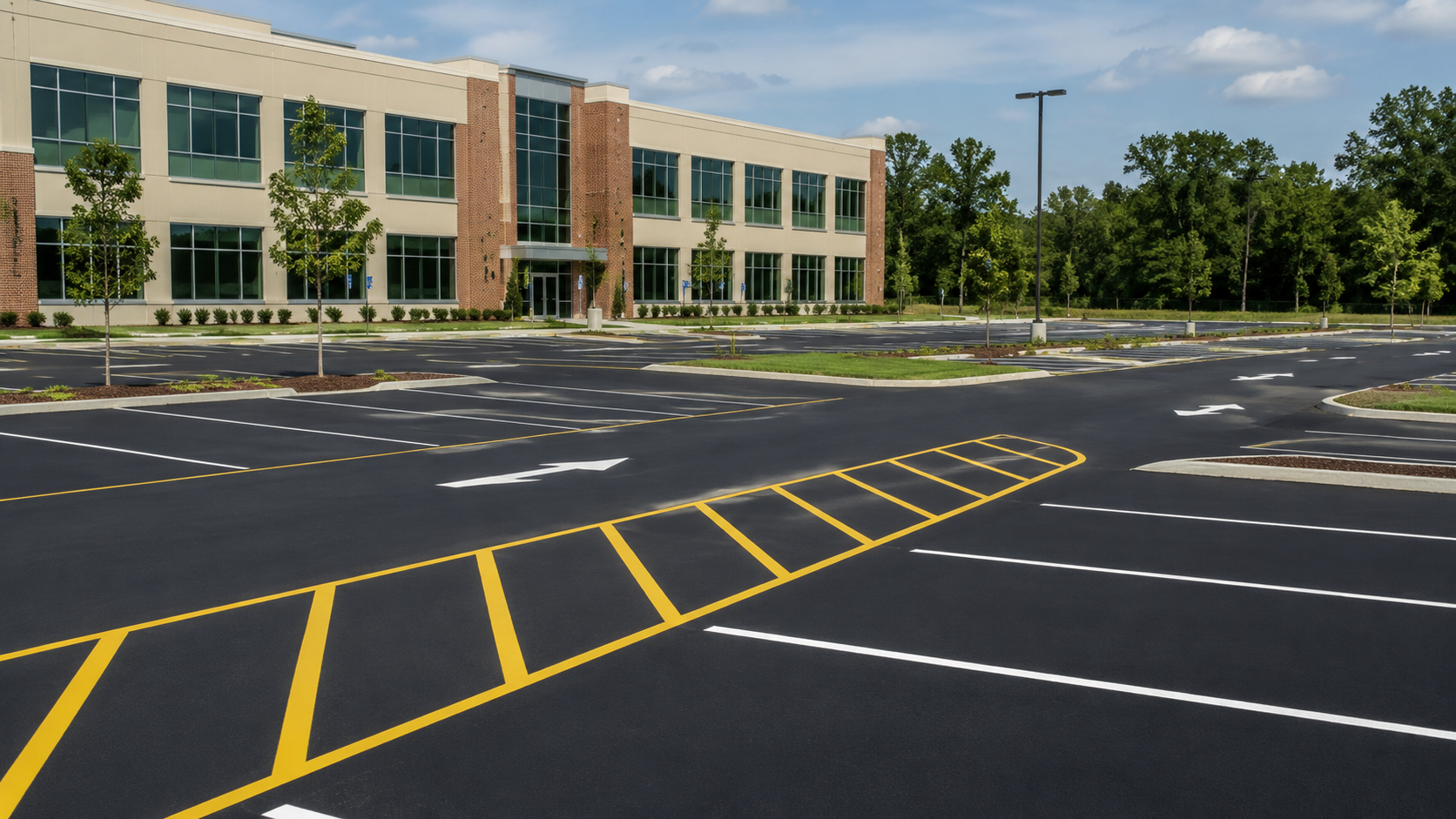 Fresh commercial parking lot lines in front of a modern office building