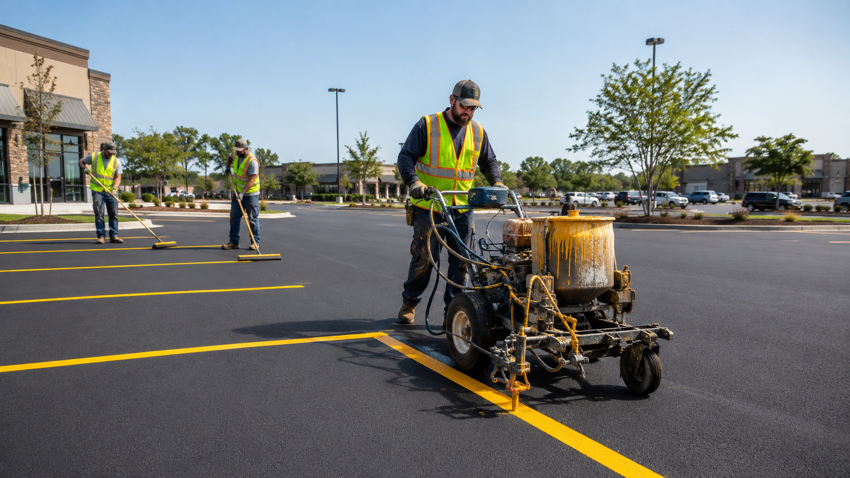 Professional parking lot striping crew actively painting fresh parking lot lines on a commercial property in Huntsville Alabama