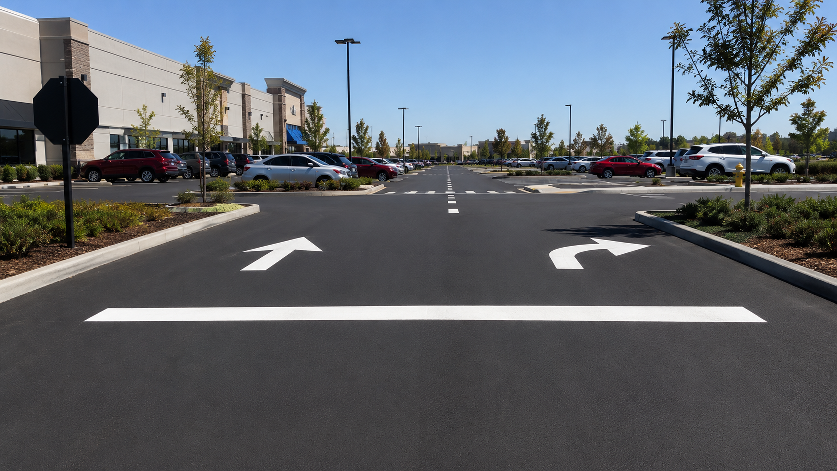 Directional arrows and pavement marking layout in a modern retail parking lot