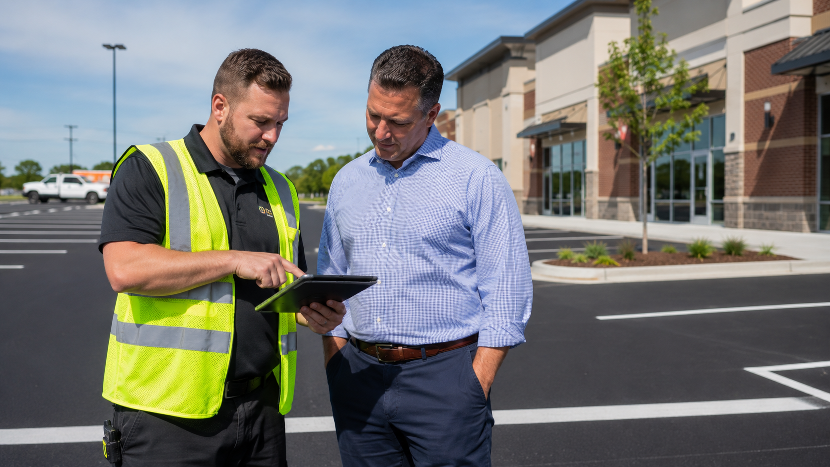 Property manager consultation in a freshly striped commercial parking lot