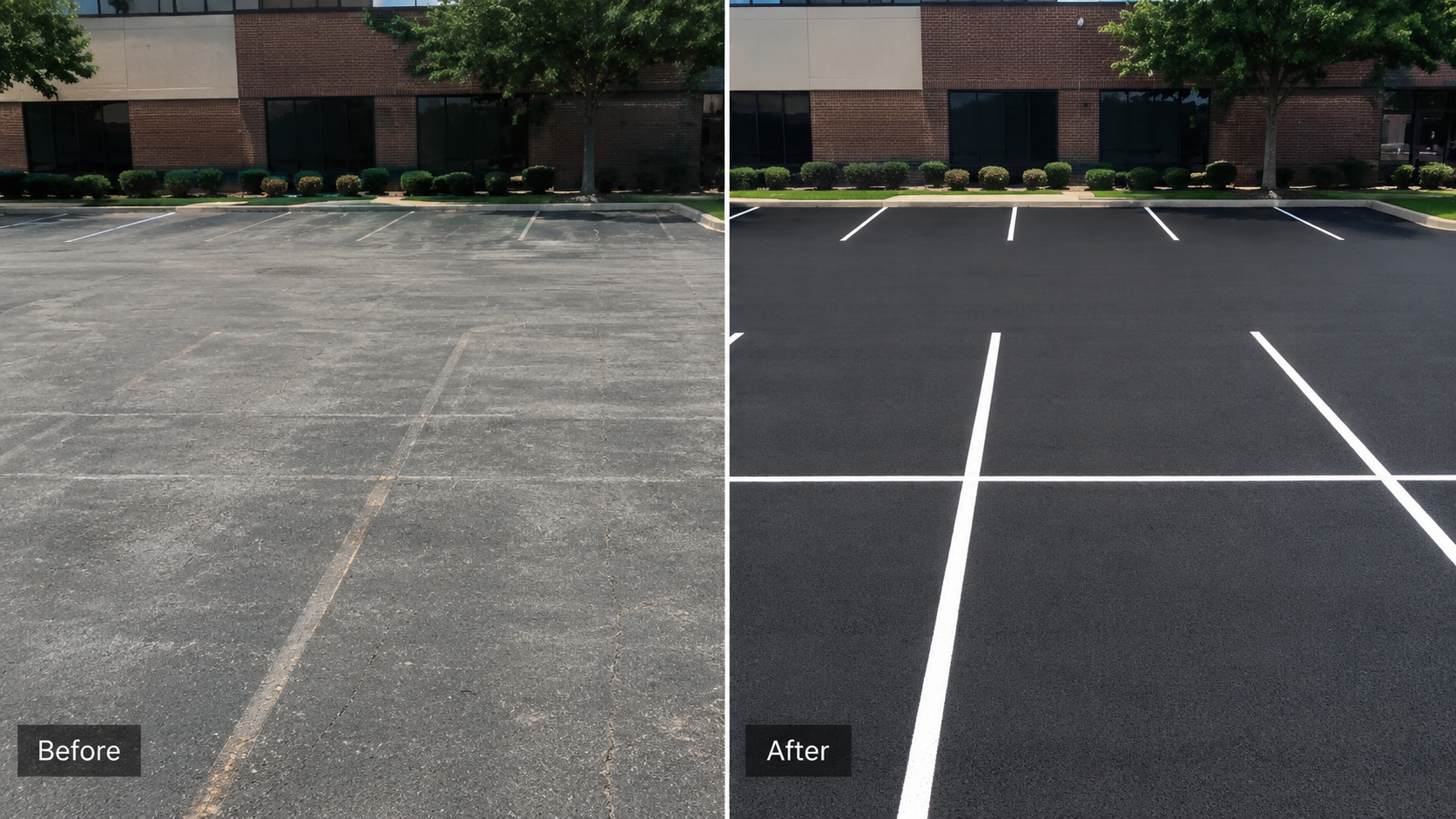 Before and after comparison showing faded parking lot lines and fresh restriping