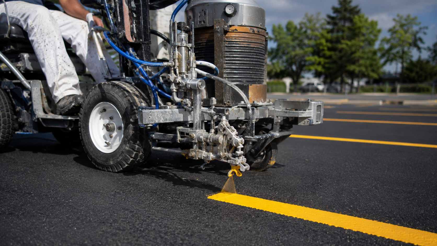 Close-up of a striping machine applying fresh yellow paint to asphalt