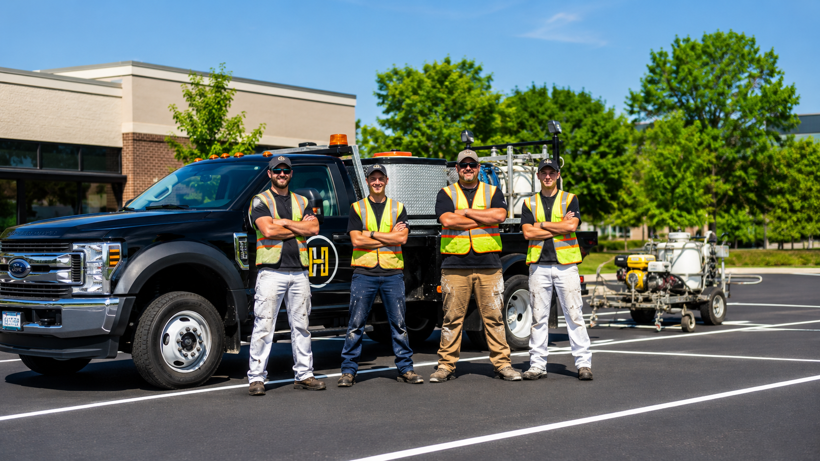 Parking lot striping team standing confidently in front of a work truck and striping equipment