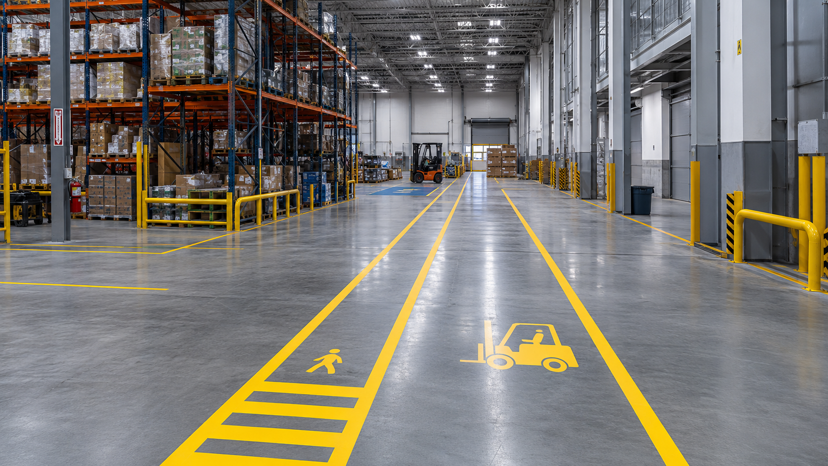 Warehouse floor striping and safety lane markings in an industrial facility